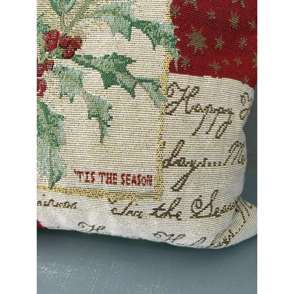 Vintage Christmas Tapestry Pillow Holly Berry Patchwork 16x16 Holiday Decor